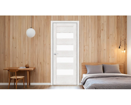 Дверь межкомнатная из эко шпона «Браво-23» Bianco Veralinga остекление Magic Fog