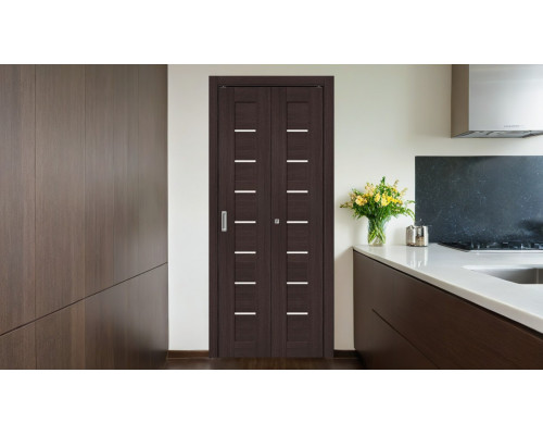 Дверь межкомнатная из эко шпона складная «Браво-22» Wenge Melinga остекление Magic Fog