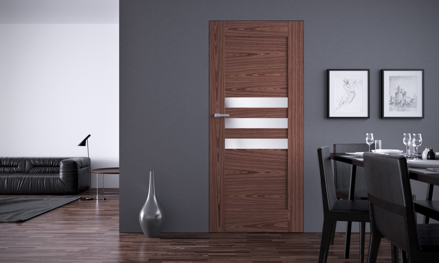 Интересный вариант межкомнатной двери из шпона в виде акцента Интересный вариант межкомнатной двери из шпона в виде акцента