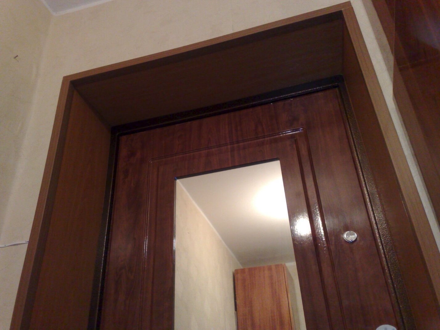 Зеркало является распространенным решением для внутренней отделки входной двери
