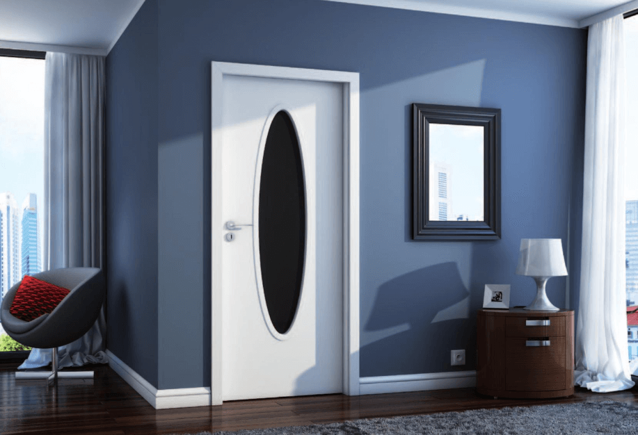 Необычное оформление двери «эмалит» со вставкой из стекла