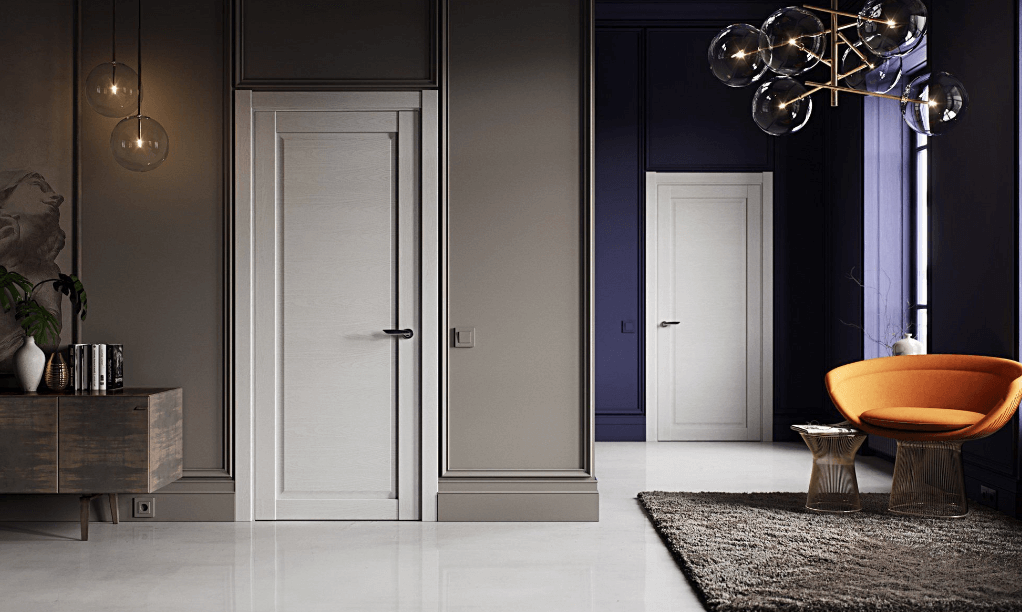 Роскошный стиль интерьера за счет сочетания элементов декора и двери с покрытием «эмалит»