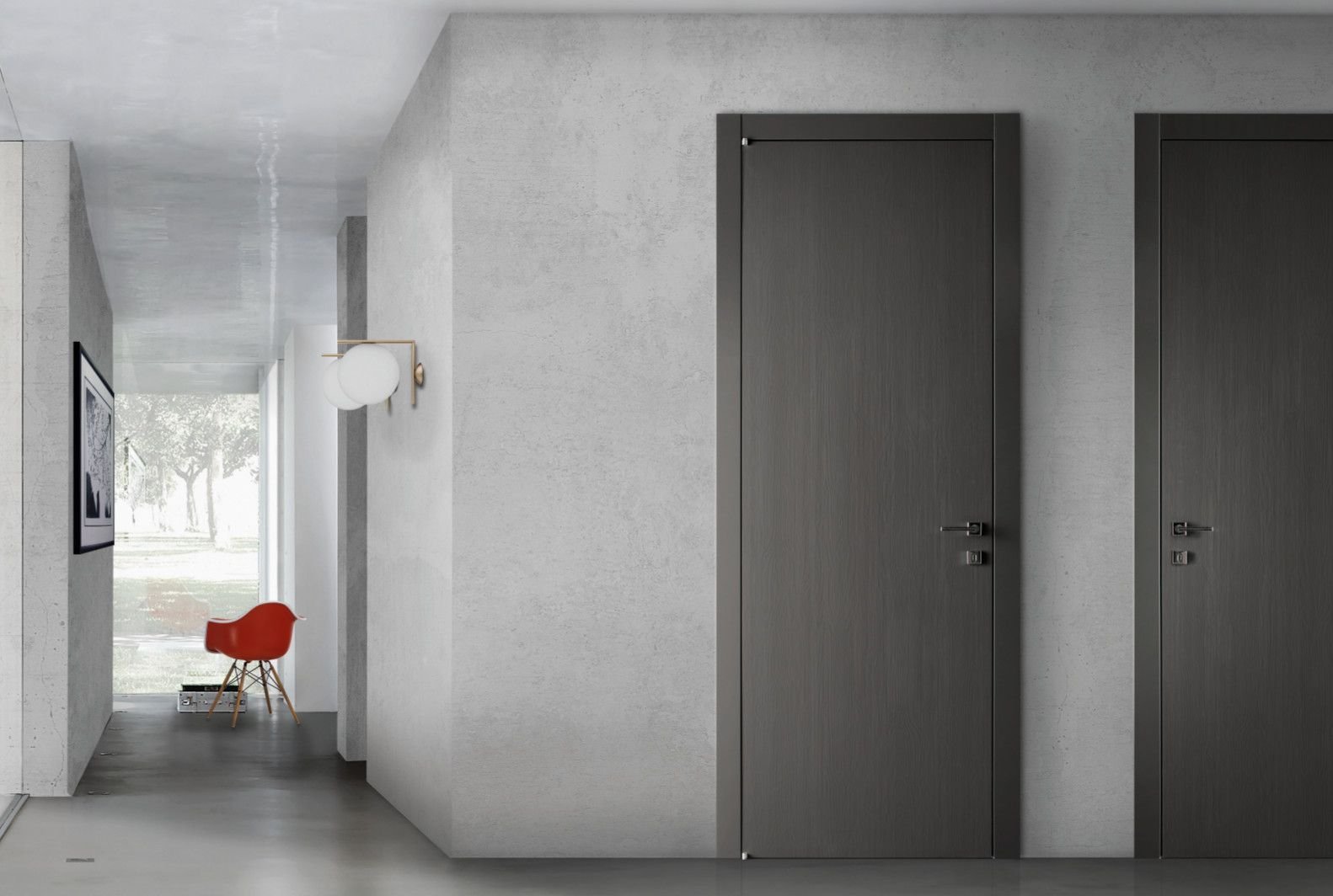 Серые двери с отделкой под бетон в современном интерьере прихожей
